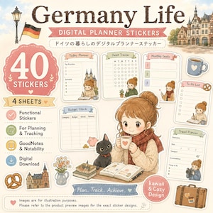 Germany Life Functional Digital Planner Stickers 40 PNGs for GoodNotes, Habit Tracker, Goals, To Do and Travel