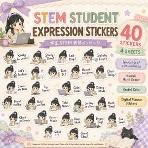Op de afbeelding: Een set van 40 digitale STEM-studentenexpressiestickers op 4 vellen, met een stripfiguur in verschillende studie- en wetenschapsthema-houdingen met tekstbijschriften zoals Ready to Learn, Lab Day en Code Time in pastelkleuren.
