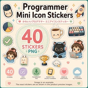 Op de afbeelding: Een digitaal stickervel getiteld Programmer Mini Icon Stickers met 40 PNG-pictogrammen. De set bevat illustraties van een computermuis, raket, cirkeldiagram, koffiemok, toetsenbord, trofee, wolk en personages die laptops gebruiken in zachte kleuren.