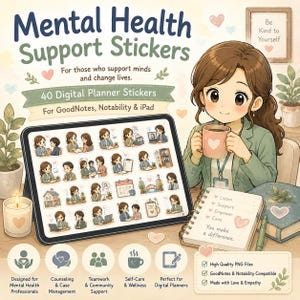 Mental Health Support Stickers for GoodNotes | Counselor Digital Planner Stickers | Therapy & Social Work PNG for iPad