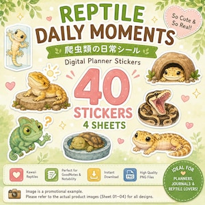 Könnte beinhalten: Ein digitales Sticker-Set mit dem Titel REPTILE DAILY MOMENTS, das 40 Sticker auf 4 Bögen enthält. Die Sammlung umfasst Illustrationen von Geckos, Bartagamen, Chamäleons, Schildkröten, Schlangen und Leopardgeckos sowie PNG-Dateihinweise.