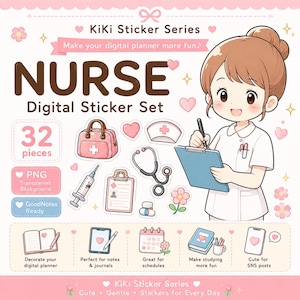 以下が含まれることがあります： KiKi Sticker Series Nurse Digital Sticker Setというタイトルのデジタルステッカーセット。看護師、医療用バッグ、聴診器、注射器、クリップボード、薬瓶など32種類のイラストとピンクのハートの装飾が含まれています。