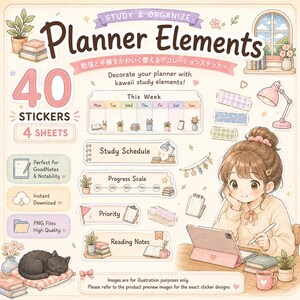 Sticker für den Studienplaner, Kawaii-Sticker für digitale Planer, Schulplanungspaket, GoodNotes, Notability, 40 PNG-Sticker