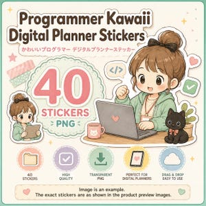 Programmer Kawaii Character Stickers 40 PNG for GoodNotes Digital Planner Coding Journal Developer Productivity
