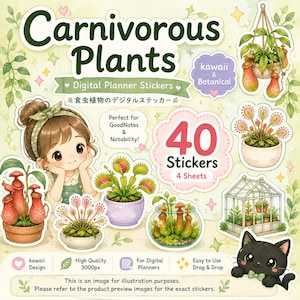 Puede incluir: Un conjunto de pegatinas digitales con 40 ilustraciones de plantas carnívoras, incluyendo plantas jarro, atrapamoscas y un invernadero. El set incluye un personaje con una diadema verde, un gato negro y el texto Carnivorous Plants.