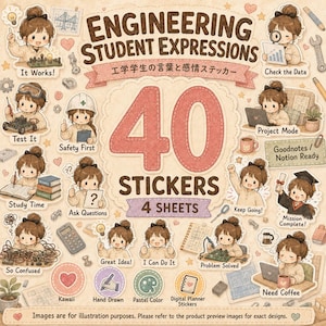Expresiones de estudiantes de ingeniería 40 PNG Kawaii Motivación para estudiar Pegatinas digitales para planificador