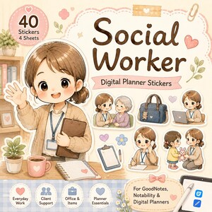 以下が含まれることがあります： 「Social Worker」と題されたデジタルステッカーセット。ベージュのカーディガンを着てクリップボードを持ったキャラクターが描かれています。ノートパソコン、ハンドバッグ、電話、子供のイラストを含む4シート40枚のステッカーと、デジタルプランナー用のテキストが含まれています。