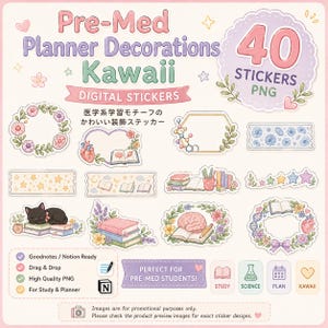 以下が含まれることがあります： Pre-Med Planner Decorations Kawaiiというタイトルのデジタルステッカーセットで、40個のPNGステッカーが含まれています。本、脳、心臓、黒猫、花、星のイラストがパステルカラーで描かれており、プランナーや手帳の装飾に使用できるデザインです。