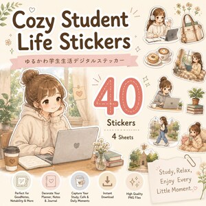 以下が含まれることがあります： 「Cozy Student Life Stickers」と題されたデジタルステッカーセット。勉強、コーヒー、読書をする学生のイラストが40種類含まれています。高品質なPNGファイル4シートで構成され、温かみのある色調のグラフィックが特徴です。