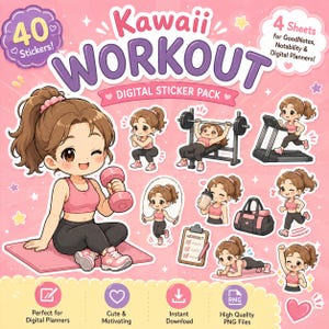 Puede incluir: Un paquete de pegatinas digitales titulado Kawaii Workout que contiene 40 pegatinas en 4 hojas. Los gráficos muestran un personaje de dibujos animados con cabello castaño en coleta, vistiendo un top deportivo rosa y leggings negros, realizando varios ejercicios como levantar pesas, correr en cinta, saltar a la cuerda y hacer planchas.