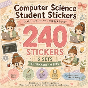 以下が含まれることがあります： コンピュータサイエンスの学生向けデジタルステッカー240枚セット。ノートパソコンの使用、ノートへの記入、虫眼鏡を持つ人物のイラストが含まれています。6パック各40枚入りで、パステルカラー、手描き風デザイン、電球、歯車、テントウムシなどのアイコンが特徴です。