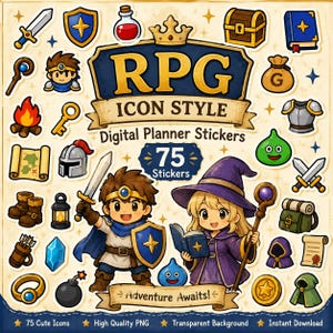 May include: A collection of 75 digital planner stickers featuring RPG icon style graphics. The set includes illustrations of a knight, a wizard, swords, shields, potions, treasure chests, books, maps, coins, and monsters on a light background.