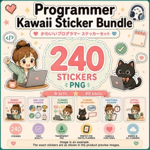 Op de afbeelding: Een digitale stickerbundel genaamd Programmer Kawaii Sticker Bundle met 240 PNG-stickers verdeeld over 6 sets. De afbeelding toont een stripfiguur met bruin haar achter een laptop, een zwarte kat en diverse iconen zoals hartjes, koptelefoons en planners.