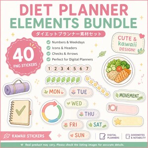 Puede incluir: Un paquete de pegatinas digitales titulado DIET PLANNER ELEMENTS BUNDLE con 40 pegatinas PNG. Incluye etiquetas de días de la semana, círculos numerados, iconos, flechas, una esterilla de yoga, un cuaderno con un visto y un plato de comida.