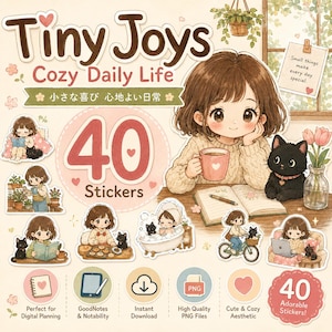 Tiny Joys Cozy Daily Life Digital Planner Stickers, Cute Girl & Black Cat PNG, Cozy Home, Journal, GoodNotes Stickers