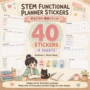 Op de afbeelding: Een set van 40 functionele STEM-plannerstickers op 4 vellen, met sjablonen voor weekplannen, opdrachten, labvoorbereiding, pomodoro, reflectie, tabellen en lijngrafieken. Bevat illustraties van een student, kat en kantoorbenodigdheden.