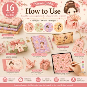 Può includere: Una collezione di carta digitale intitolata Kawaii Geisha How to Use con 16 motivi continui. L'immagine mostra una pila di carte decorate, una scatola regalo, un quaderno a spirale, un astuccio, un'etichetta, un biglietto e un origami.