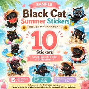 May include: A set of 10 digital stickers featuring black cats in summer beach and pool scenes. The text reads: Sample Black Cat Summer Stickers, 10 Stickers, kawaii Beach & Pool Collection, GoodNotes Ready, Notion Ready, Personal Use Only.