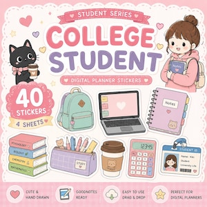 以下が含まれることがあります： 「Student Series College Student」と題された40枚のデジタルプランナーステッカーセット。黒猫、学生、ミント色のバックパック、ノートパソコン、ノート、教科書、筆箱、コーヒーカップ、電卓、学生証のイラストが、柔らかなパステルカラーで描かれています。