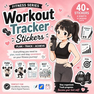 Workout Tracker Stickers, 40 Kawaii Gym Log, Reps & Progress PNGs for GoodNotes