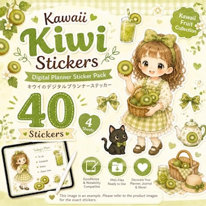 以下が含まれることがあります： Kawaii Kiwi Stickersと題された40枚のデジタルプランナーステッカーパック。緑のギンガムチェックのドレスを着てキウイのバスケットを持つキャラクター、黒猫、キウイドリンク、ティーポット、緑色のリボンなどがデザインされています。