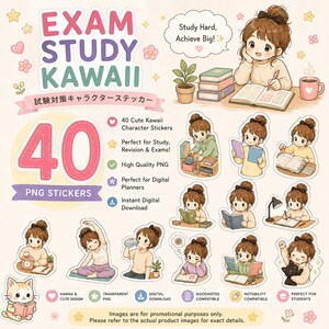 Peut inclure: Un ensemble d'autocollants numériques avec 40 illustrations d'une fille aux cheveux bruns en chignon étudiant, lisant et faisant de l'exercice. Le texte inclut EXAM STUDY KAWAII, 40 PNG STICKERS et Study Hard, Achieve Big, avec des icônes et fleurs.