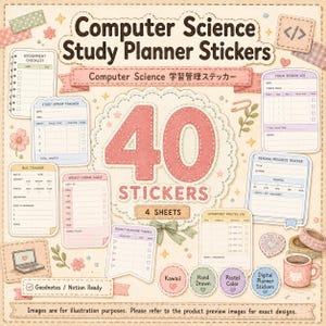Può includere: Un set di 40 adesivi per pianificatore di studi di informatica su 4 fogli, con tracker color pastello per compiti, sprint, bug, obiettivi di codifica, traguardi di progetto e registri, con il testo Goodnotes / Notion Ready.
