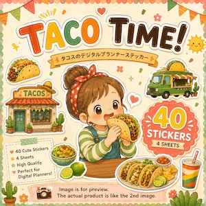 以下が含まれることがあります： TACO TIME!と書かれたデジタルステッカーセット。4枚のシートに計40枚のステッカーが含まれています。タコスを食べる人物、タコス屋のトラック、店舗、ワカモレ、ライム、ドリンクのイラストと、40 STICKERS 4 SHEETSという文字が描かれています。