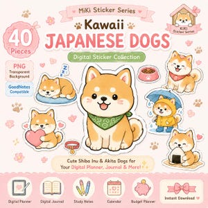 以下が含まれることがあります： 柴犬と秋田犬のデジタルステッカーコレクション40点セット。眠っている犬、ハートを持つ犬、レインコートを着た犬、食事中の犬のイラストが含まれています。テキストには「MiKi Sticker Series」、「Kawaii JAPANESE DOGS」、「Digital Sticker Collection」、「PNG Transparent Background」と記載されています。