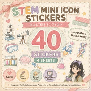 Op de afbeelding: Een digitale stickerset getiteld STEM MINI ICON STICKERS met 40 iconen verdeeld over 4 vellen. De collectie bevat illustraties van een microscoop, telescoop, veiligheidsbril, reageerbuisjes, petrischaal, raket, DNA-streng en een kolf.