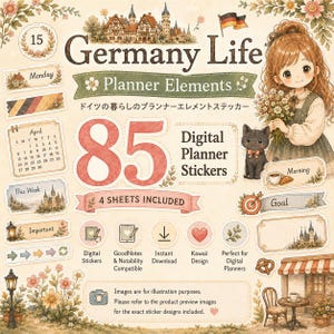 Puede incluir: Un conjunto de pegatinas digitales titulado Germany Life Planner Elements que incluye 85 pegatinas en 4 hojas. El diseño presenta una bandera alemana, un castillo, un personaje con flores, un gato negro, un calendario y varios iconos.