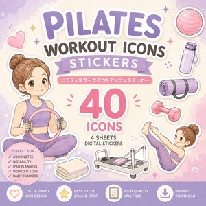 Op de afbeelding: Een digitale stickerset getiteld PILATES WORKOUT ICONS STICKERS met 40 iconen op 4 vellen. De set bevat illustraties van een persoon in paarse sportkleding, een roze oefenbal, een waterfles, een yogamat, een halter en een pilates-reformer.