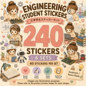 May include: A collection of 240 engineering student stickers across 6 sets, featuring illustrations of a character in various academic and technical settings with lab equipment, robots, and blueprints, labeled with the text Engineering Student Stickers.