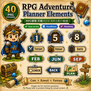 May include: A digital collection of 40 RPG adventure planner elements featuring a cartoon character, treasure chest, scroll, and various icons. Text includes RPG Adventure Planner Elements, Tuesday, Friday, Date, Feb, Jun, Sep, Check, Back, and Plan.