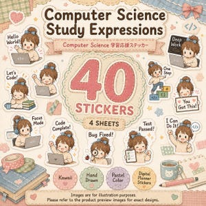 Op de afbeelding: Een verzameling van 40 informatica-studie stickers op 4 vellen, met een stripfiguur in verschillende programmeerscenario's met teksten zoals Hello World, Let's Code, Focus Mode, Code Complete, Bug Fixed, Test Passed en You Got This.