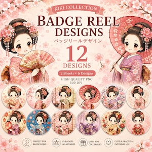 Può includere: Una collezione digitale di 12 design per porta badge con illustrazioni di personaggi in abiti tradizionali con motivi di fiori di ciliegio. La grafica include il testo KIKI COLLECTION, BADGE REEL DESIGNS, 12 DESIGNS, 2 Sheets x 6 Designs e HIGH QUALITY PNG 300 DPI, insieme a icone per porta badge, badge identificativi, regali e uso quotidiano.