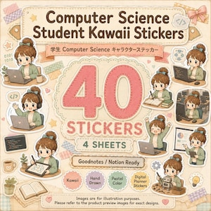 以下が含まれることがあります： 40枚のComputer Science Student Kawaiiステッカーセット（4シート）。勉強、プログラミング、PC作業をするキャラクターのイラストが描かれています。テキストには「Computer Science Student Kawaii Stickers」「40 STICKERS」「4 SHEETS」「Goodnotes / Notion Ready」と記載されています。
