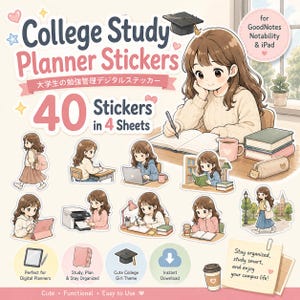 College Study Planner Stickers for GoodNotes, Cute Digital Student Planner Stickers for iPad Study, Assignment & Exam Planning