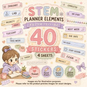 Op de afbeelding: Een set van 40 STEM-plannerstickers op 4 vellen met pastelkleuren en wetenschappelijke iconen. De tekst bevat STEM PLANNER ELEMENTS, 40 STICKERS, 4 SHEETS en diverse labels zoals JANUARY, LAB, PRIORITY, URGENT, TUESDAY, THIS WEEK, COMPLETED, AM STUDY, NEXT WEEK, DUE DATE, TIME BLOCK, STUDY SESSION, EXAM, PROJECT, THURSDAY, Kawaii, Hand Drawn, Pastel Color en Digital Planner Stickers.