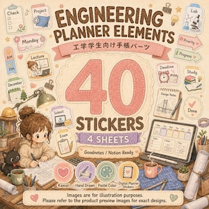 May include: A digital sticker set titled Engineering Planner Elements featuring 40 stickers across 4 sheets. The design includes various academic icons, labels, and a character studying, with text reading Goodnotes / Notion Ready and 40 STICKERS.