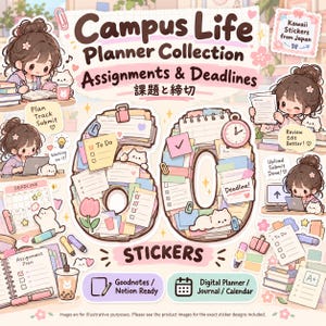 以下が含まれることがあります： Campus Life Planner Collectionというタイトルのデジタルステッカーセット。勉強中の人物、猫、プランナー、事務用品のイラストが描かれた60枚のステッカーが含まれています。テキストにはCampus Life Planner Collection、Assignments & Deadlines、Goodnotes/Notion Readyが含まれています。