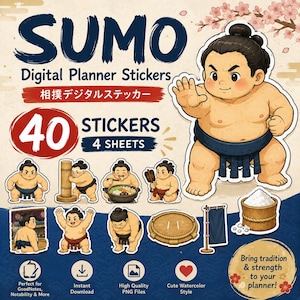 May include: A digital sticker set featuring 40 sumo wrestler illustrations across 4 sheets. The graphics include a large sumo wrestler, smaller wrestlers in various poses, a ring, a wooden bucket, and a banner. Text includes SUMO Digital Planner Stickers.