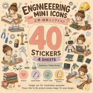 Op de afbeelding: Een set van 40 stickers met een technisch thema verdeeld over 4 vellen, met handgetekende illustraties van figuren die werken met gereedschap, robots, printplaten en bouwmaterieel, met de tekst ENGNEERING MINI ICONS.
