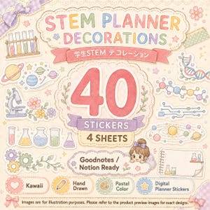 Op de afbeelding: Een verzameling van 40 digitale plannerstickers op 4 vellen met STEM-thema's. De pastelkleurige illustraties bevatten reageerbuizen, planeten, een microscoop, DNA-strengen en tandwielen, met de tekst STEM PLANNER DECORATIONS.