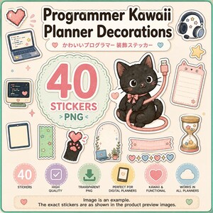 May include: A digital sticker set titled Programmer Kawaii Planner Decorations featuring 40 PNG files. The collection includes illustrations of a black cat with a USB cable, a laptop, a monitor, a notepad, an hourglass, and various heart icons.