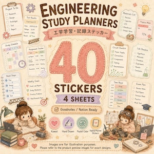 Pegatinas planificadoras de estudios de ingeniería, 40 PNG, rastreador de tareas de laboratorio de proyectos, paquete Kawaii