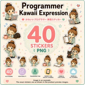 Kawaii Programmer Expression Stickers PNG Digital Planner Stickers 40 PNG Files for GoodNotes Notability iPad