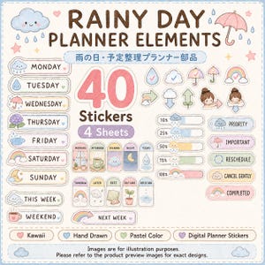 May include: A set of 40 pastel-colored digital planner stickers across 4 sheets, featuring rainy day themes like clouds, umbrellas, rainbows, and daily labels. The text includes 'RAINY DAY PLANNER ELEMENTS', '40 Stickers', '4 Sheets', and various day names.