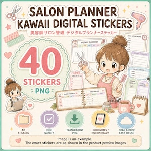 Peut inclure: Un ensemble d'autocollants numériques intitulé SALON PLANNER KAWAII DIGITAL STICKERS comprenant 40 fichiers PNG. Les graphiques incluent un personnage de dessin animé, des plannings hebdomadaires, des listes de contrôle, des suivis de pourboires et des icônes.