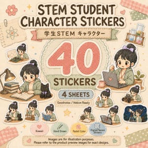 Op de afbeelding: Een verzameling van 40 STEM-studentenkarakterstickers op 4 vellen, met illustraties van een persoon met een zwarte kat die wetenschappelijke activiteiten uitvoert zoals het gebruik van een microscoop, telescoop en laptop, met de tekst STEM STUDENT CHARACTER STICKERS.